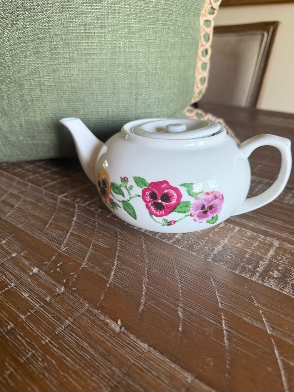 White Ceramic Teapot with Pink Floral Pansy Motif